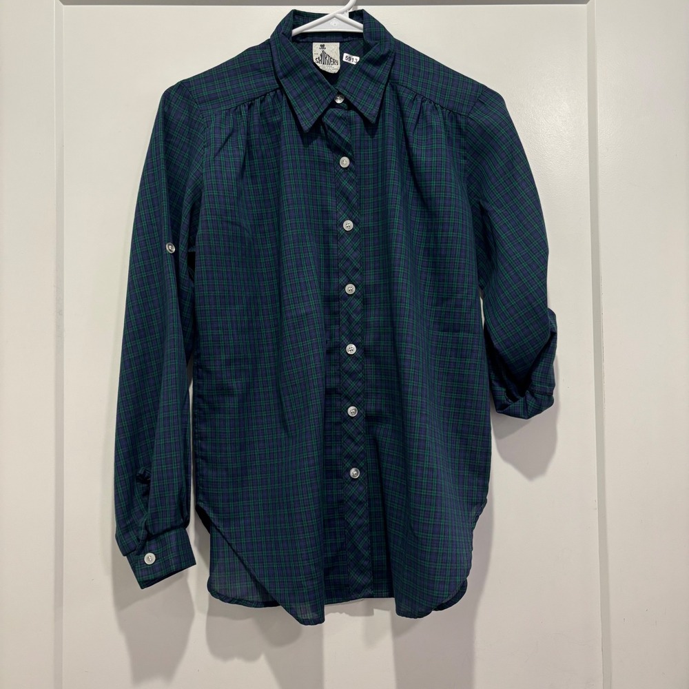 The Shirtery Vintage Green Blue Plaid Roll Tab Sleeve Button Down Shirt USA Made